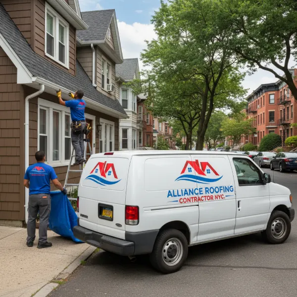 Gutter Services in NYC A Alliance roofing worker working during Gutter Services