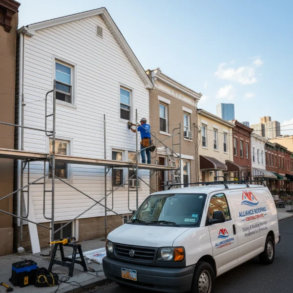Siding Services in NYC A Alliance roofing worker working during Siding Services