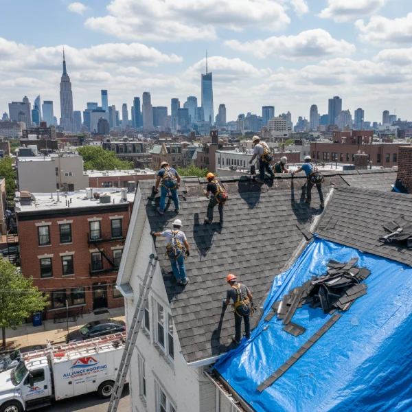Worker Roof replacing in NYC Replacement Close Drone view